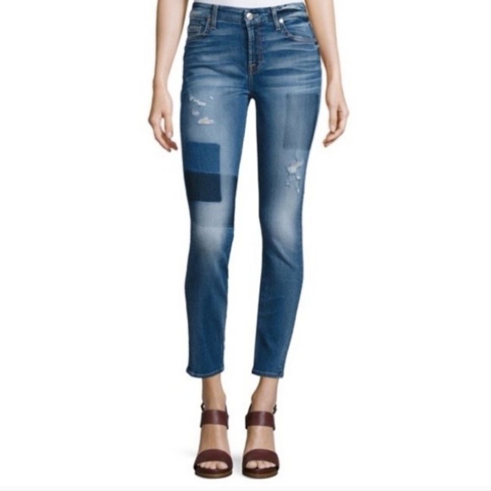 7 For All Mankind Distressed Patchwork Print High-Rise Skinny Jeans SZ 26
